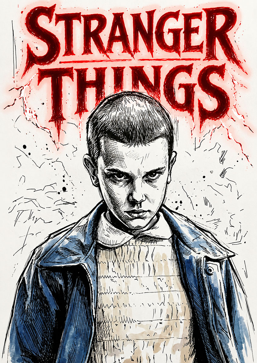 Detailed ink and watercolour illustration of Eleven from Stranger Things beneath the glowing red show logo